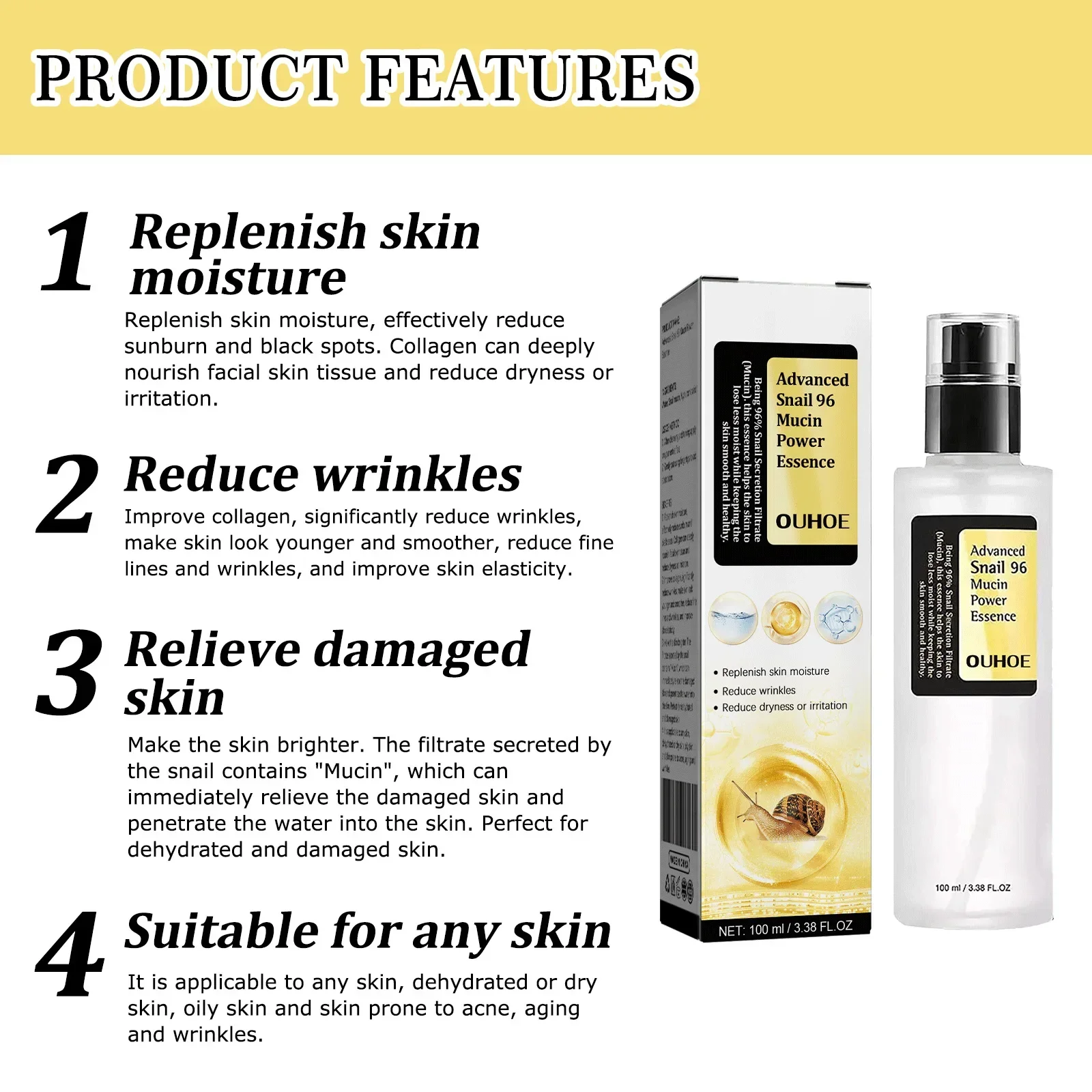 Smoothing Wrinkle Snail Mucin Essence Face Cream Repairing Lift Firm Fade Fine Lines Brightening Skin Care Advanced Moisturizing