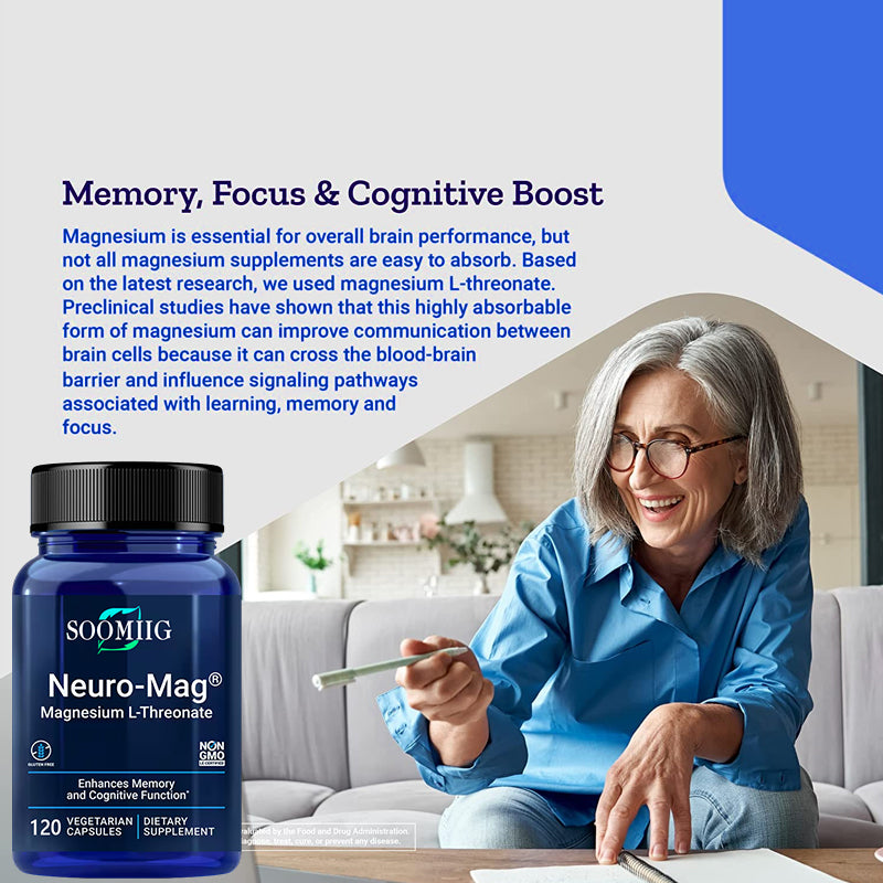Soomiig Magnesium L-Threonate 2000 Mg, Memory and Cognitive Function Supplement, Fatigue Relief, Brain Health Supplement