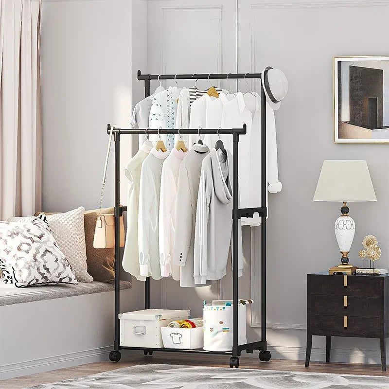 Movable Double Clothes Rack with Telescopic Rods