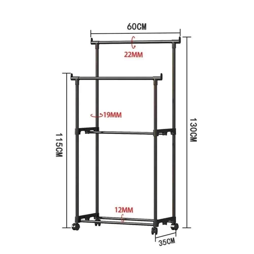 Movable Double Clothes Rack with Telescopic Rods