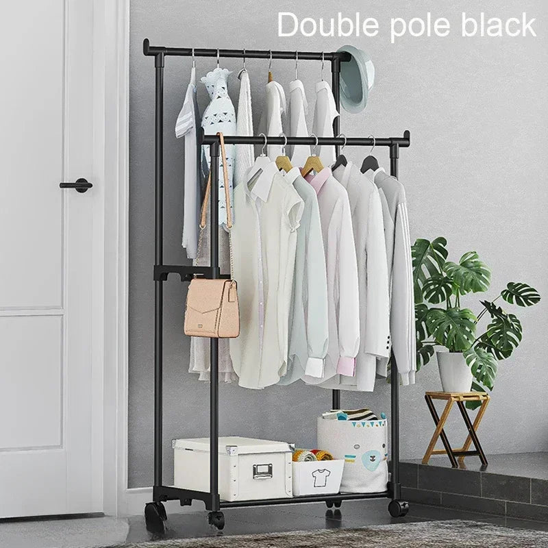 Movable Double Clothes Rack with Telescopic Rods