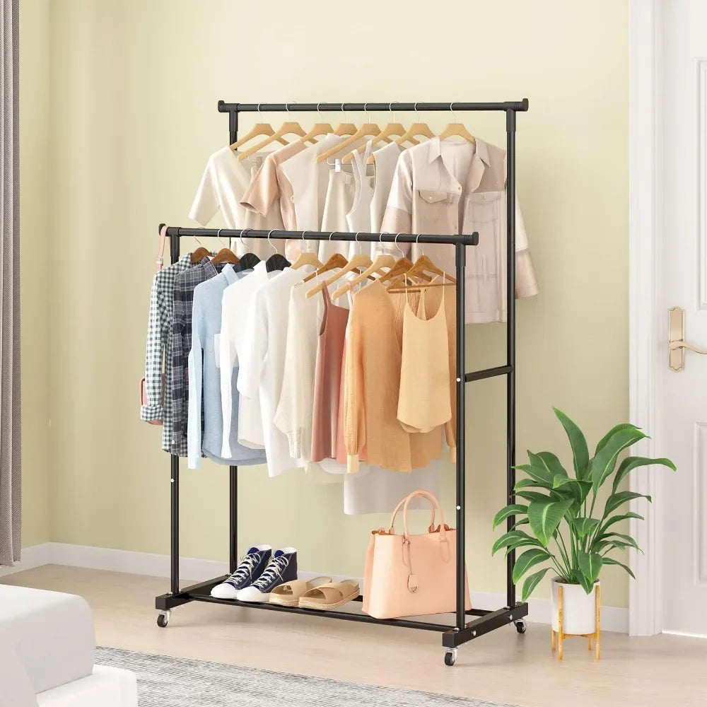 Movable Double Clothes Rack with Telescopic Rods