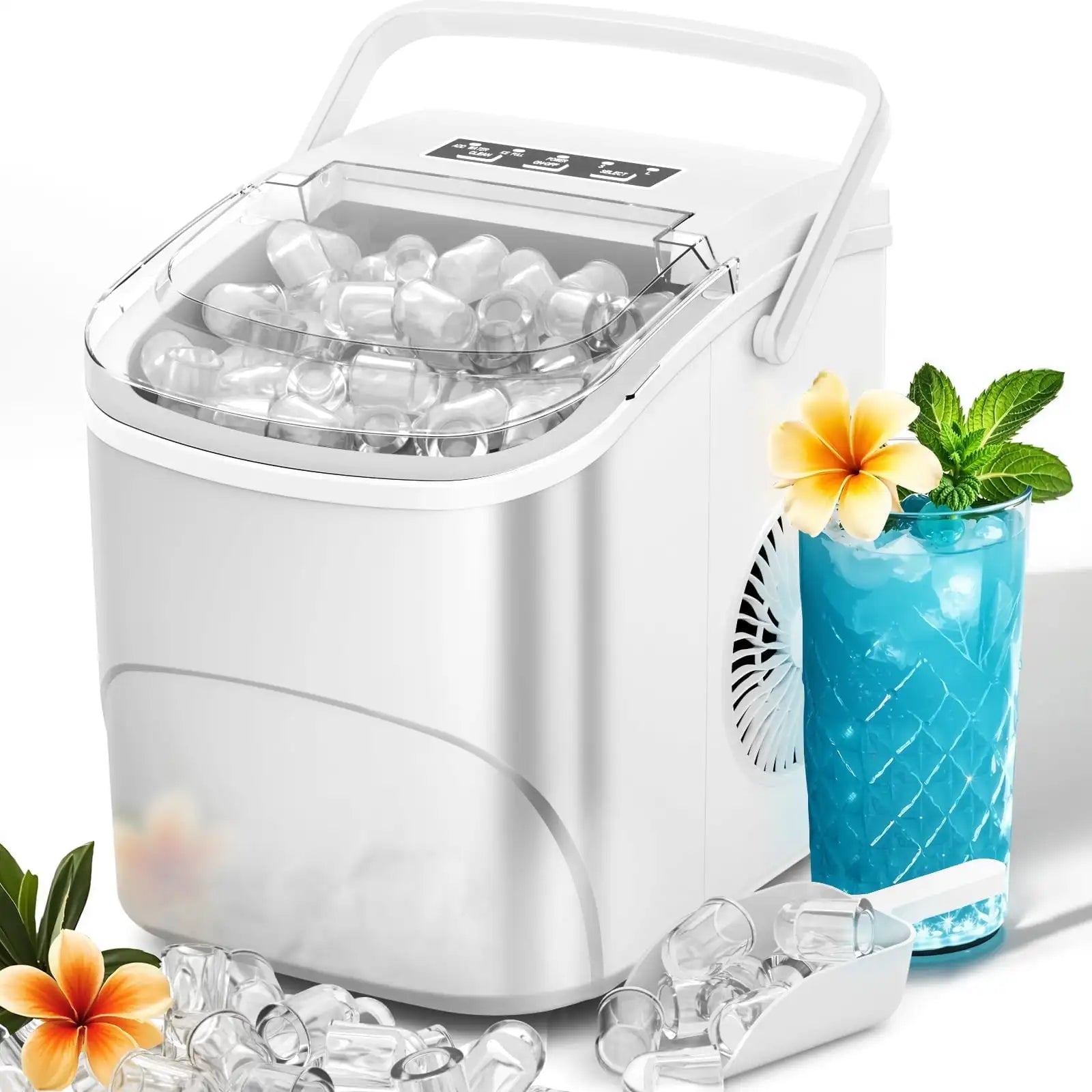 Auseo Pro Countertop Ice Maker, 2 Sizes of Bullet Ice, 26.5Lbs/24H, 9 Ice Cubes in 6 Mins, Portable Ice Machine, Self-Cleaning