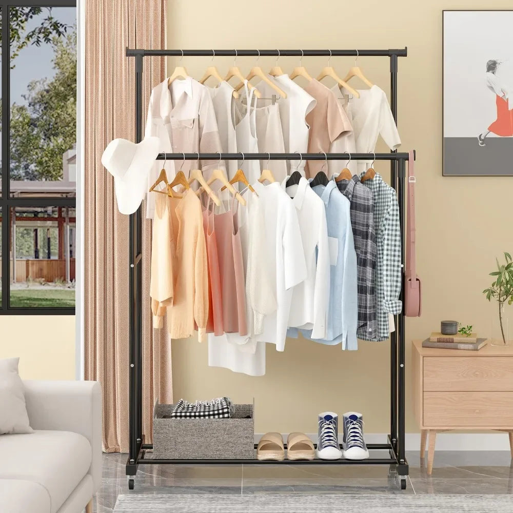 Movable Double Clothes Rack with Telescopic Rods