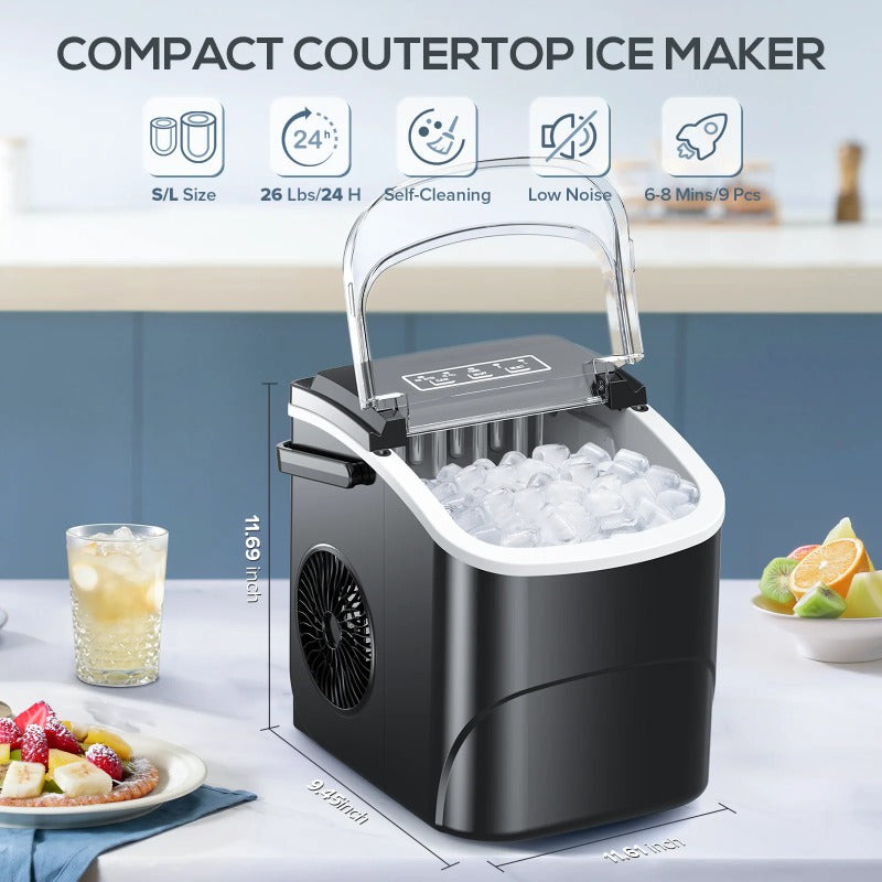 Auseo Pro Countertop Ice Maker, 2 Sizes of Bullet Ice, 26.5Lbs/24H, 9 Ice Cubes in 6 Mins, Portable Ice Machine, Self-Cleaning