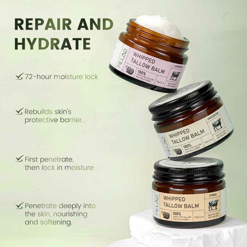 Melao Whipped Tallow Balm, Unscented/Citrus, 72-Hour Moisture Lock, Skin Barrier Repair, 37g