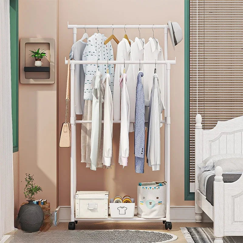 Movable Double Clothes Rack with Telescopic Rods