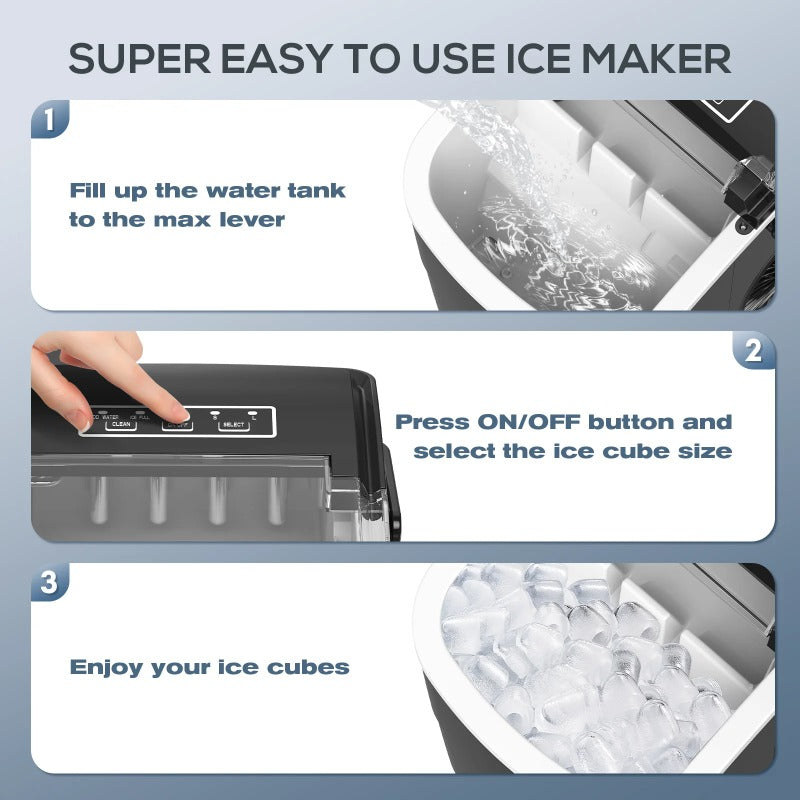 Auseo Pro Countertop Ice Maker, 2 Sizes of Bullet Ice, 26.5Lbs/24H, 9 Ice Cubes in 6 Mins, Portable Ice Machine, Self-Cleaning