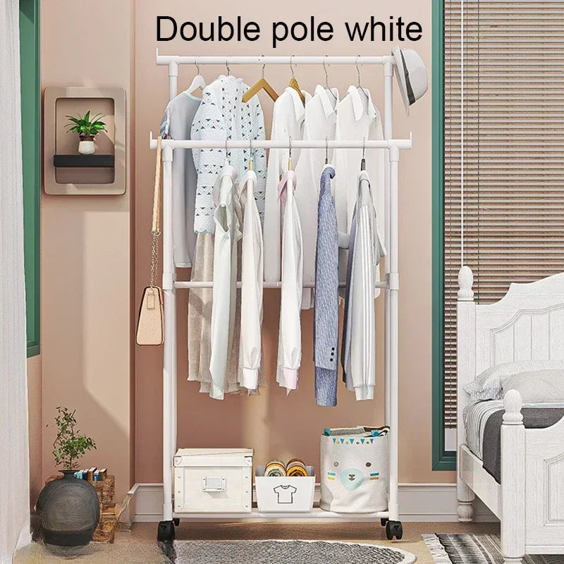 Movable Double Clothes Rack with Telescopic Rods